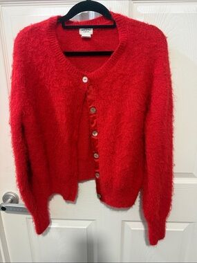 Song of Style Red Fuzzy Button-Front Cardigan